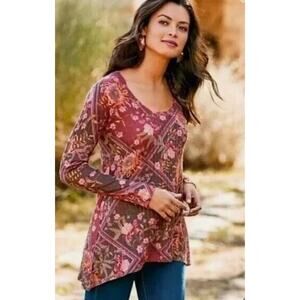 Soft Surroundings Top Womens Small Red‎ Floral Alisanna Tunic Boho